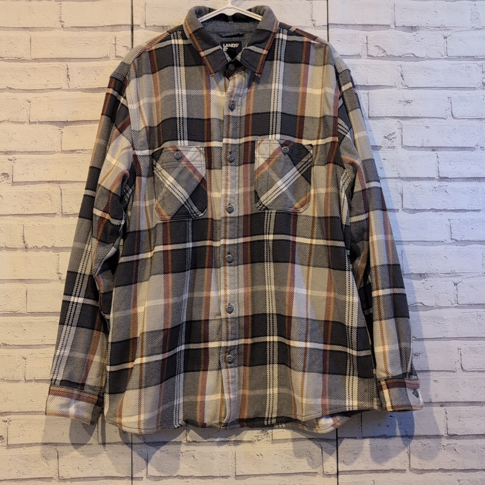 Lands' End Men's Flannel Shirt Size XL 46-48 Gray Red Plaid Pockets Button Front
